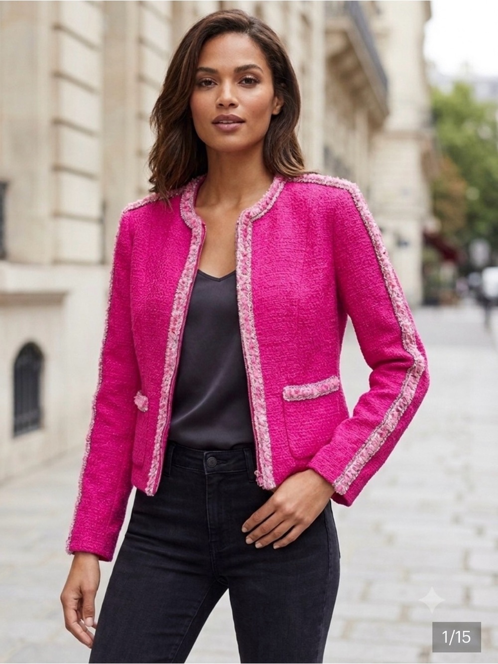 CAbi Vibrant Pink Tweed Blazer with Contrast Trim